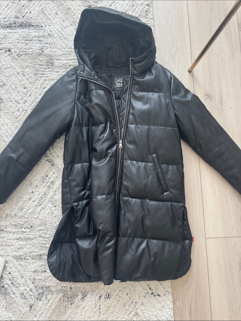 Levis Black Quilted Faux Leather Hooded Puffer Coat